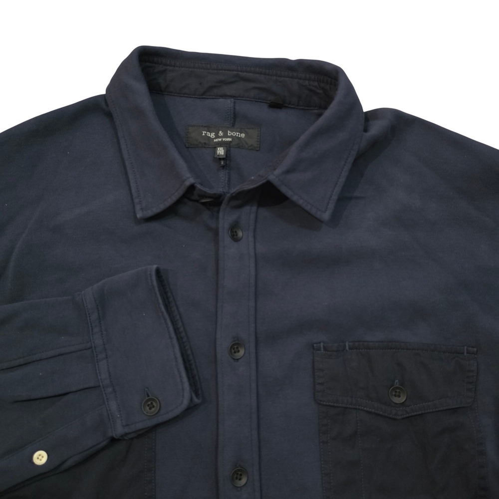 Rag & Bone Mens XXL Navy Blue Knit Button Down Shirt Contrast Chest Pockets